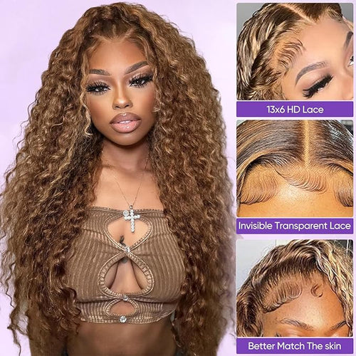 30inch Highlight Ombre Lace Front Wig Human Hair Deep Wave 13x6 HD Honey Blonde Lace Frontal Wigs P4/27 Curly Human Hair Wig Glueless Wigs Human Hair
