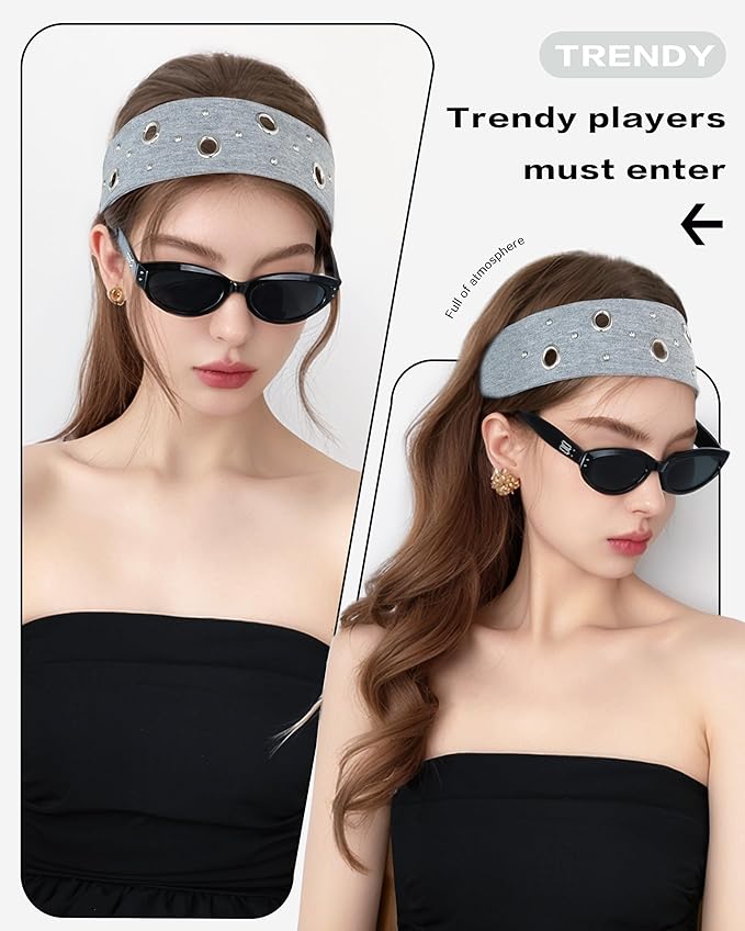 Grommet Headband for Women, Gray Round Studs 23cm Hollow Out Elastic Hair Band, Eyelets Punk Grunge Stylish Hairband