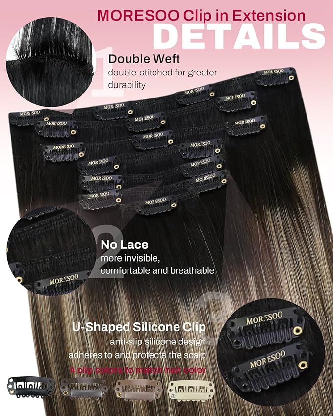 Moresoo Clip in Hair Extensions Remy Double Weft Human Hair Clip in Extensions Balayage Straight Hair Extensions for Women Ombre Black to Brown with Dark Blonde 7pcs 120g 16inch
