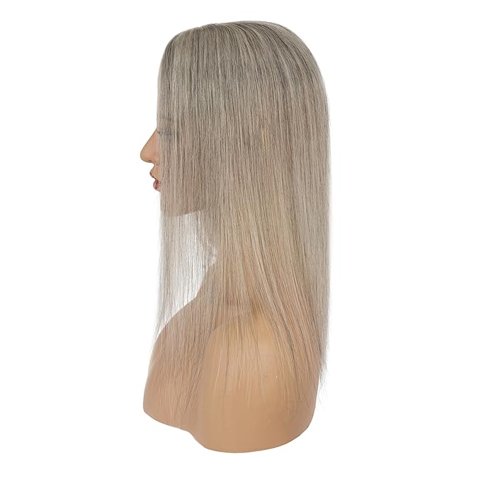 Hairro Human Hair Toppers Free Parted, 3.5x4.7" Base Hand-wovened 100% Real Hairpieces, with Invisible Clips-in for Women, for High Hairline/Adding Volume on Top, 10 Inch Blondish Grey Mix Silver