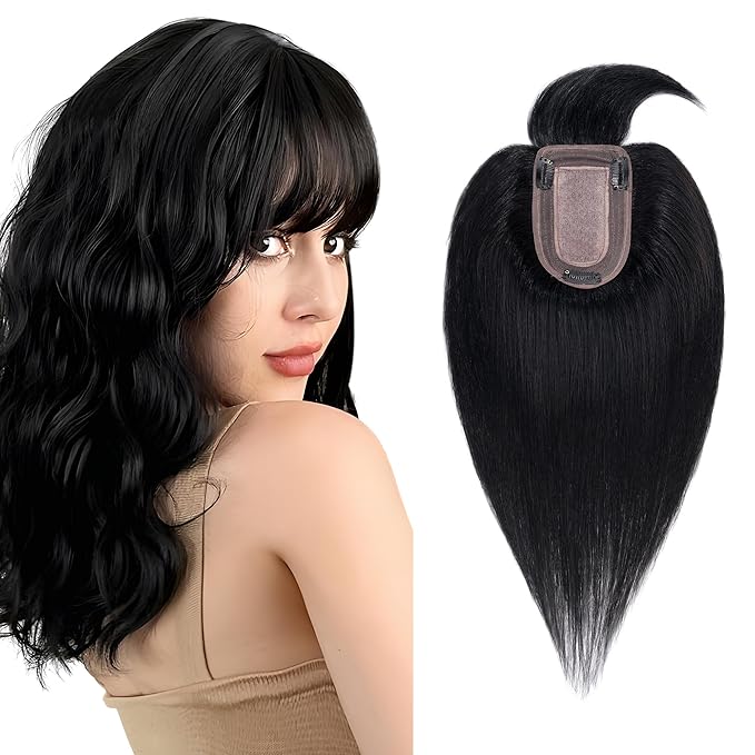 SEGO Hair Toppers for Women Real Human Hair with Thinning, with Front Bangs Clip in Toppers Straight 150% Density Silk Base -18 Inch #1 Jet Black