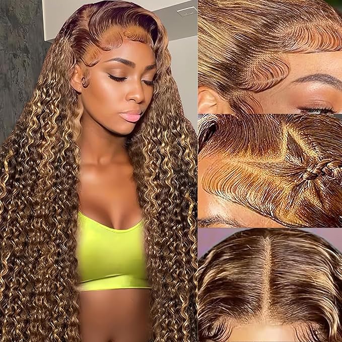 Ombre Highlight Lace Front Wig Human Hair 200 Density Deep Wave 13x6 HD Lace Front Wigs Human Hair P4/27 Honey Blonde Curly Wig for Women Pre Plucked with Natural Hairline (28 Inch)
