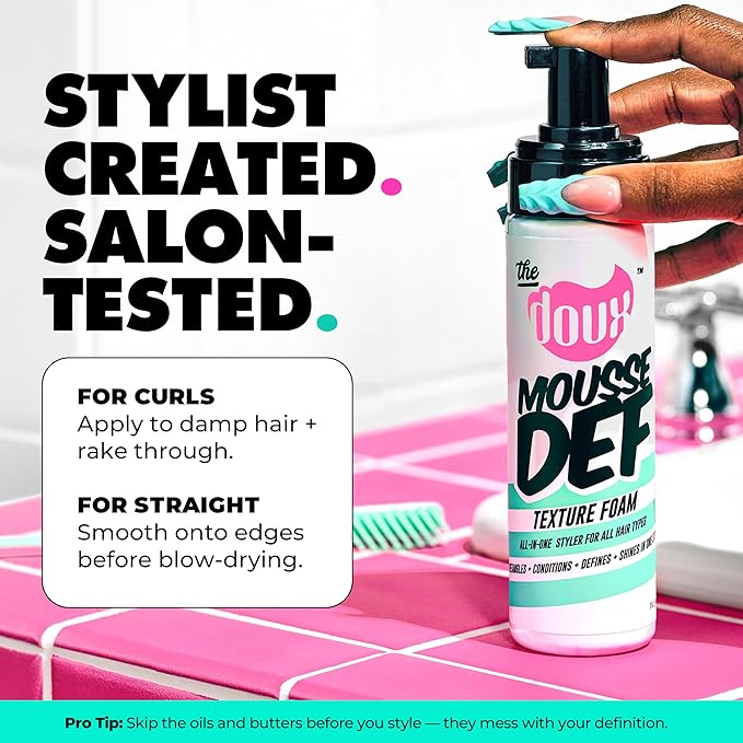 The Doux Multi-Use Mousse for Curly Hair – The Doux Mousse Def Texture Foam for Styling, Curl Definition, Volume & Shine – Curl Cream Alternative for Textured Hair & Natural Hair Styles