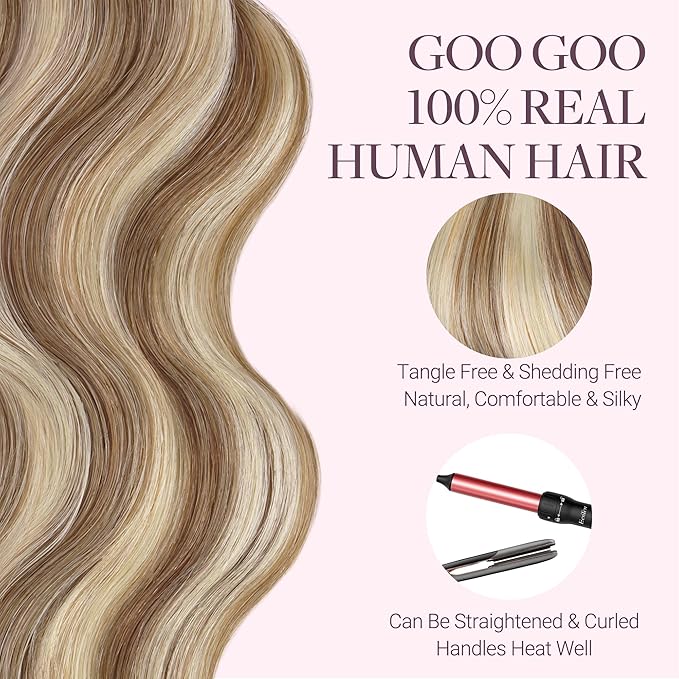 GOO GOO Tape in Hair Extensions Human Hair, 8B/60B Golden Blonde Highlights, 22inch 50g 20pcs, Skin Weft Seamless Invisible, Silky Straight with Thick Ends, Remy Human Hair