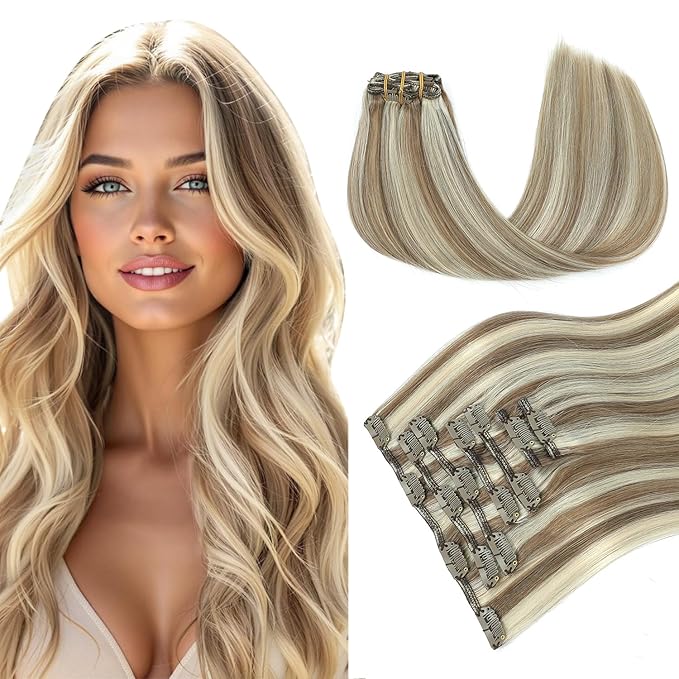 PINKPEARL Clip in Hair Extensions Straight Human Hair #8P60 Ash Brown Highlighted Platinum Blonde Clip in Extensions Remy Real Human Hair Extensions 7pcs 120g 16 Inch(#8P60-16)