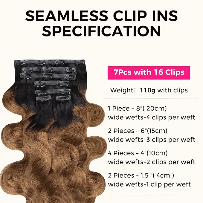 Lashey Seamless Clip in Hair Extensions Human Hair Ombre Natural Black to Medium Auburn 110g 7pcs 22 Inch Clip in Hair Extensions for Women Body Wave Remy Human Hair Extensions