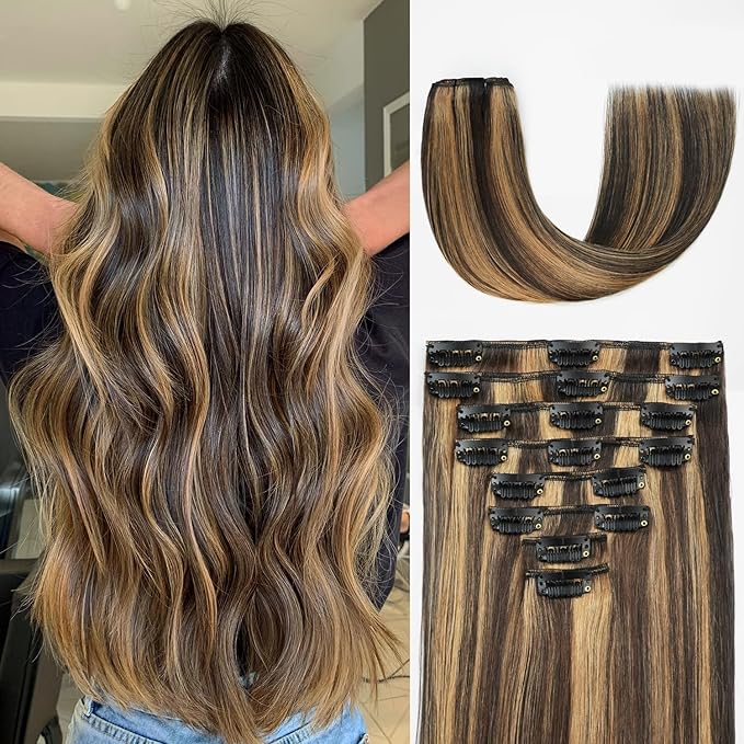 Clip in Hair Extensions Real Human Hair, 14 Inch 75g, 2/6 Dark Brown to Chestnut Brown, Invisible Seamless Remy Human Hair Clip in Extensions for Women 8pcs Per Set with Double Weft