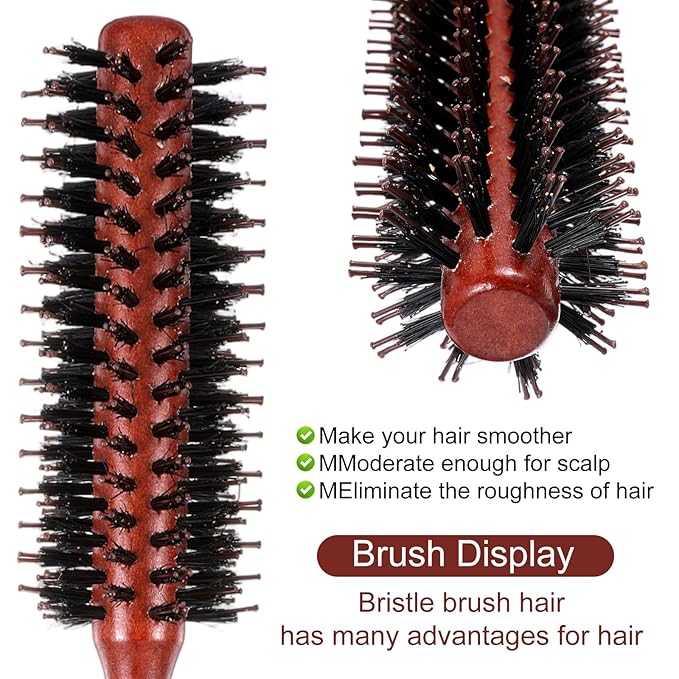 2 Pack Small Round Hair Brush Boar Bristle Roller Hairbrush Wooden Handle Volumizing Hair Brush for Blow Drying Short Thin Fine Hairs Styling Women Curling Bangs Men Beard Travel Household