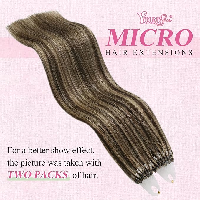YoungSee Micro Loop Hair Extensions Real Human Hair Brown Highlight Micro Ring Hair Extensions Human Hair Highlight Dark Brown and Blonde Microbeaded Extension Human Hair Remy Hair 22In 50g 50s
