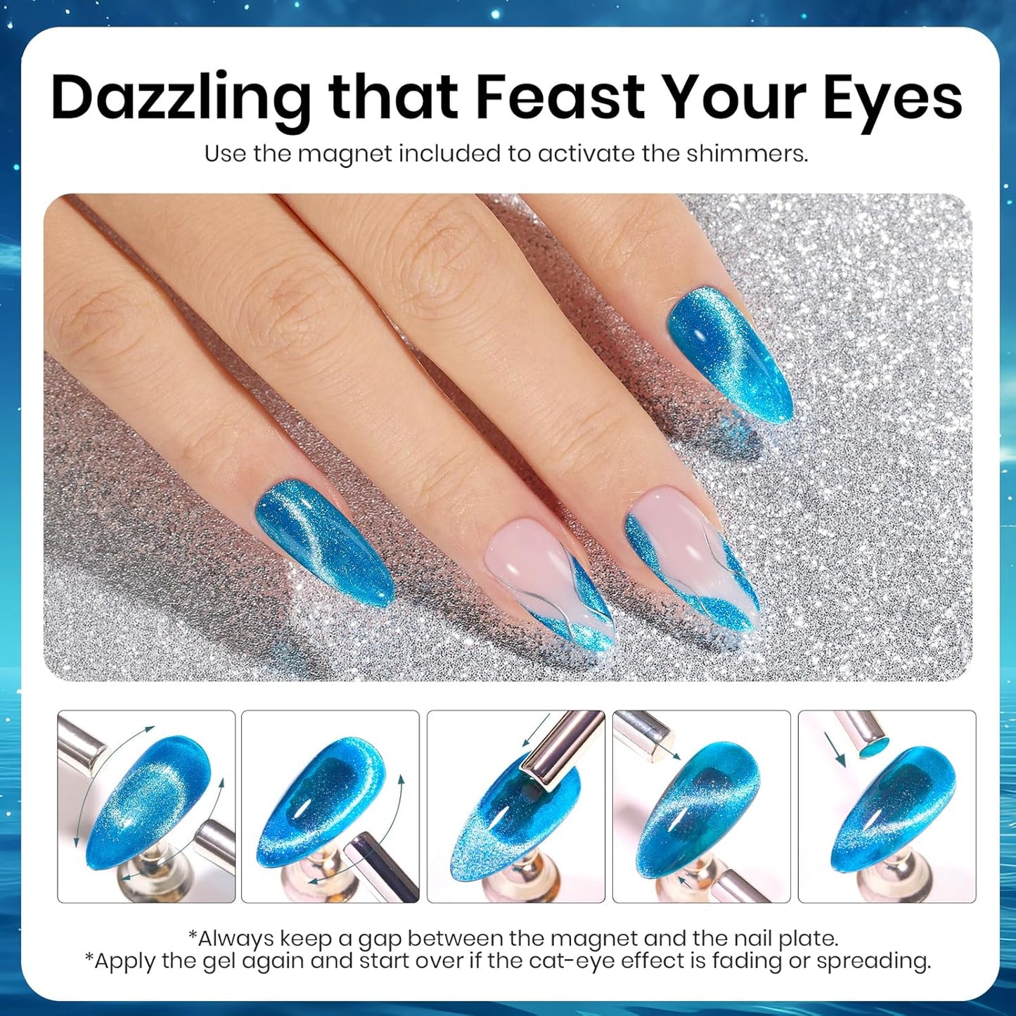 Beetles Blue Cat Eye Gel Polish, 15ML Blue Cat Eye Glitter Gel Polish with Magnet Shimmer Velvet Gel Soak Off UV Stellar Ocean Collection French Nail Art Design Manicure Summer Gifts for Women