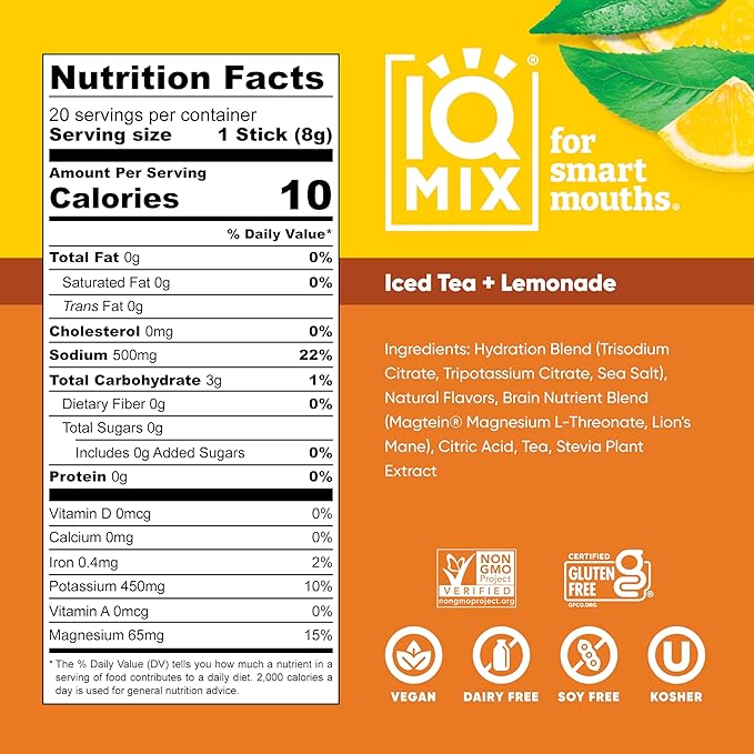IQMIX Hydration Electrolyte Powder – 4-in-1 Formula for Hydration, Mental Clarity, Mood and Recovery – Sugar-Free Drink Mix, Keto, Magnesium L-Threonate, Lion’s Mane – 20 Count New Iced Tea Lemonade
