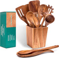 Wooden Spoons for Cooking, Acacia Wood Cooking Utensils Set – 11 Piece Wooden Kitchen Tools with Holder, Spoon Rest, Nonstick Cookware Safe by HOWHONG