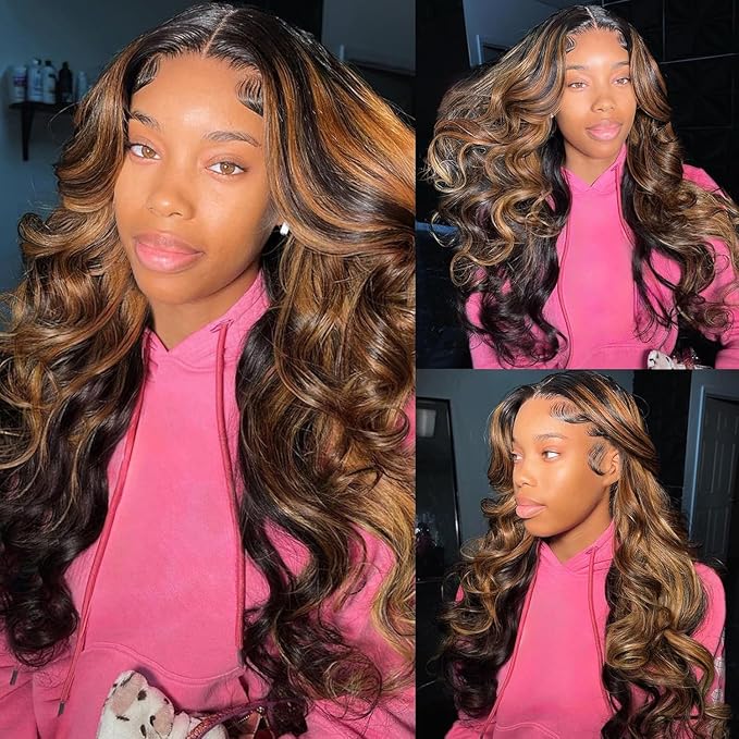 Ombre Lace Front Wig Human Hair Highlight Body Wave Lace Front Wigs Human Hair Pre Plucked 13x4 Transparent Lace Frontal Wig 200 Density Glueless 1B/30 Highlighted Wigs 20 Inch