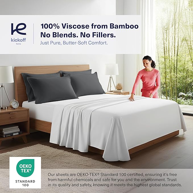 Kickoff Viscose Bamboo Pillowcase, King, Set of 2, 100% Organic Hidden Zippered Viscose Bamboo Pillow Case King Size, Cooling Pillow Cover for Hot Sleepers (20"x40", Pewter)