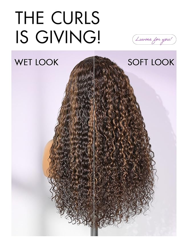 LUVME HAIR 7x6 HD Lace All-Day Comfort Wig PartingMax Lace Wigs Water Wave Curly Lace Front Wigs Human Hair Pre Cut Plucked Lace Frontal Glueless 22 Inches Hlighlight Color