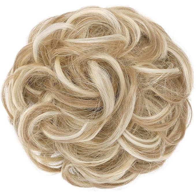 FESHFEN Messy Bun Hair Piece - Large Elastic Wavy Curly Hair Bun Scrunchies Ponytail Extensions Synthetic Chignon Hairpieces for Women, Dirty Blonde 1.94oz