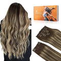 DOORES Clip in Hair Extensions Human Hair, Balayage Chocolate Brown to Honey Blonde 150g 9pcs 16 Inch, Real Human Hair Extensions Straight Balayage Clip in Extensions Thick Hair