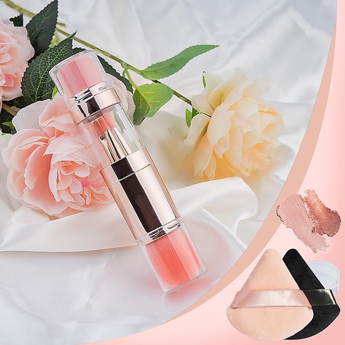 kullder Travel Makeup Brush 5 in 1 Makeup Brush set Blend Sponge Eyebrow Eyeshadow & Blush Brushes for Foundation Concealer Double Ended Makeup Brush with Powder Puff Ideal Womens Gifts