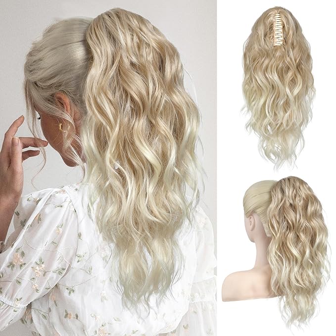 FLUFYMOOZ Claw Clip Ponytail Hair Extensions, 18 Inch Wavy Curly, Natural Fake Synthetic Hairpiece for Women (Dark Blonde to Light Blonde)