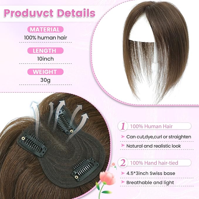 YAMI Hair Toppers for Women Fluffy Human Hair Topper 10inch Handmade Swiss Base Hairpieces 360° Cover Hairloss (Medium Brown)