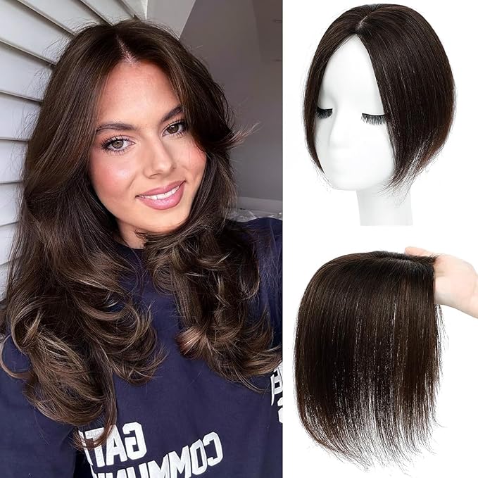 Amchoice Hair Toppers for Women Real Human Hair, Bangs Hair Clip 360° 3D Cover Bangs, Human Hair Toppers for Women Daily(Mocha, 3D Side Bangss (5 * 9))