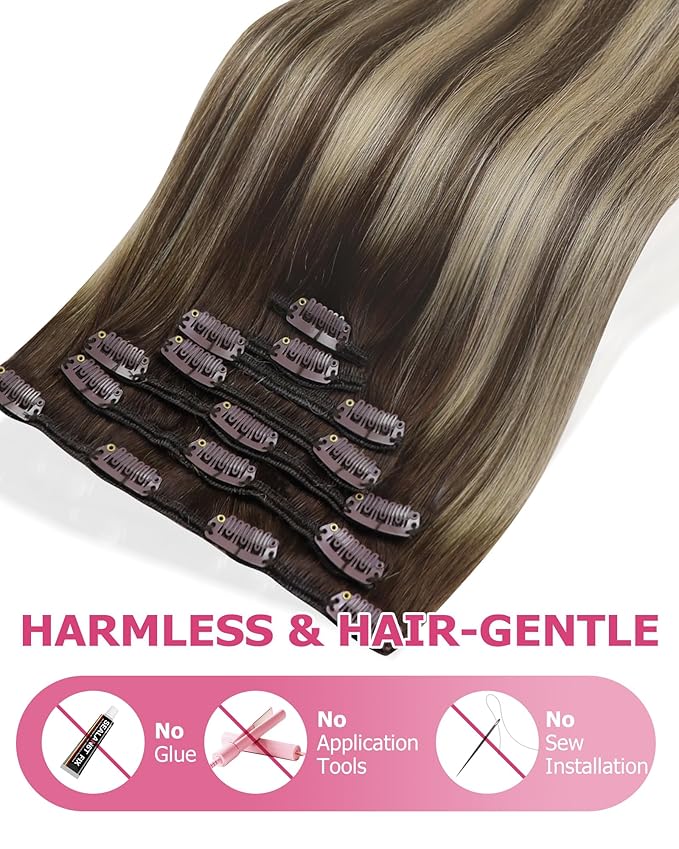 YoungSee Clip in Hair Extensions Real Human Hair Balayage Brown Clip in Real Hair Extensions Chocolate Brown with Ash Blonde Balayage Clip Extension Silky Straight for Women 18In 120G 7Pcs