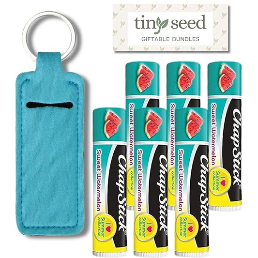 Sweet Watermelon Chapstick 6-Pack. Includes Bonus Lip Balm Holder Keychain (Blue). Limited Edition Flavor from the Chapstick I Love Summer Collection, Unique Gift Bundle from Tiny Seed