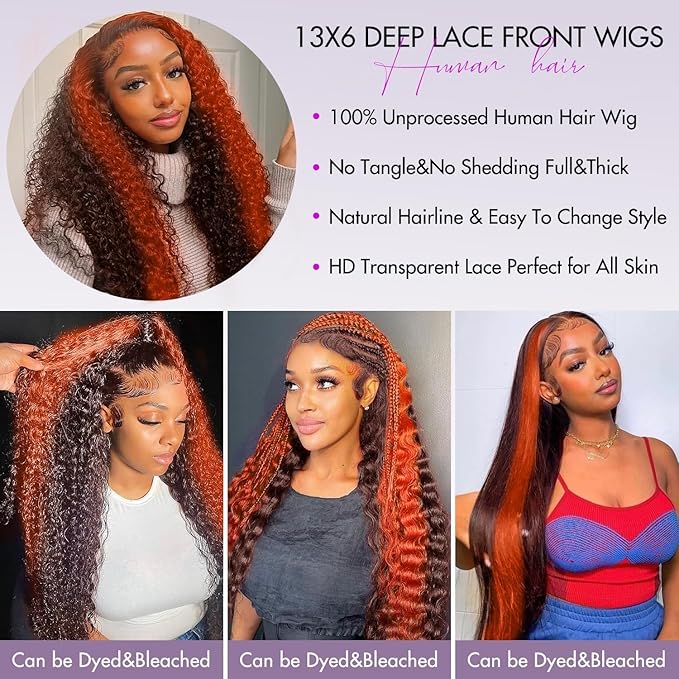 250 density Deep Wave Lace Front Wigs Human Hair Pre Plucked Hairline Glueless Wigs Human for Women 13x6 HD Lace Front Wigs Ginger Orange Curly Human Hair Wig Brazilian Hair 22 Inch