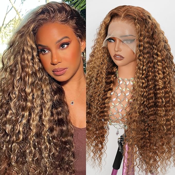 210% Density 13x6 Highlight Ombre Full Lace Frontal Wigs Human Hair 12A Deep Wave Brazilian Human Hair Pre Plucked 4/27 Honey Blonde HD Glueless Transparent Lace 20 Inch