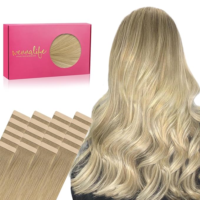 WENNALIFE Tape in Hair Extensions Human Hair, 20pcs 50g 12 inch Balayage Dirty Blonde to White Blonde Remy Hair Extensions for Women Tape Ins Straight Extensiones De Cabello Humano Skin Weft