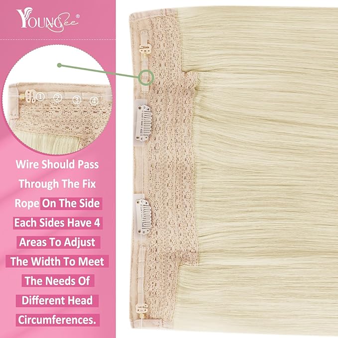 YoungSee Wire Hair Extensions Human Hair Platinum Blonde Wire Human Hair Extensions Blonde Can Be Dyed Fish Line Hair Extensions Real Human Hair 14Inch 80G