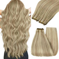 YoungSee Sew in Hair Extensions Real Human Hair Highlight Hair Extensions Weft Dark Ash Blonde Highlighted Light Blonde Full Head Sew in Bundles Human Hair 16Inch 100G