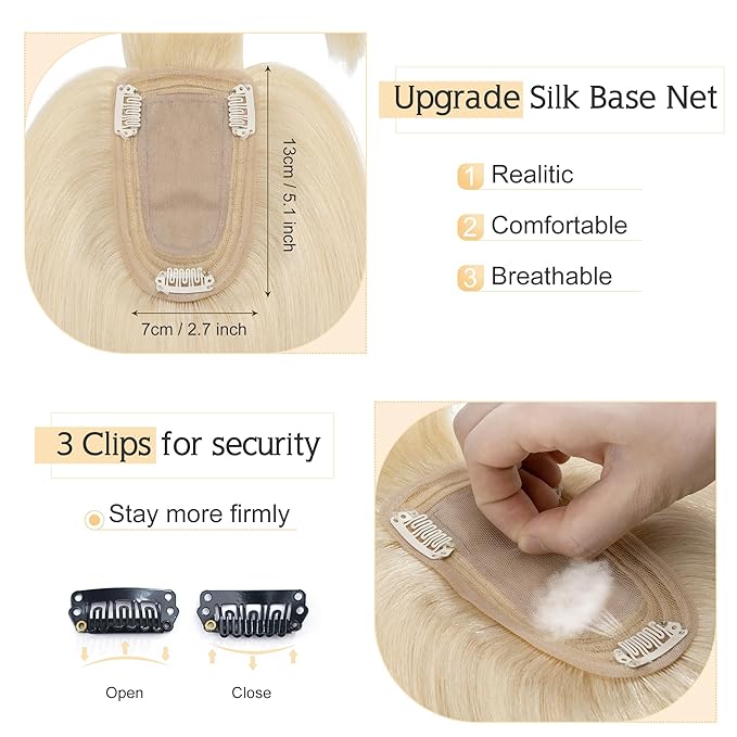 SEGO Hair Toppers for Women Real Human Hair With Bangs, 7 * 13CM Silk Base 100% Remy Human Hair Clip in Top Wiglet Hairpieces Add Volume -8 Inch Platinum Blonde