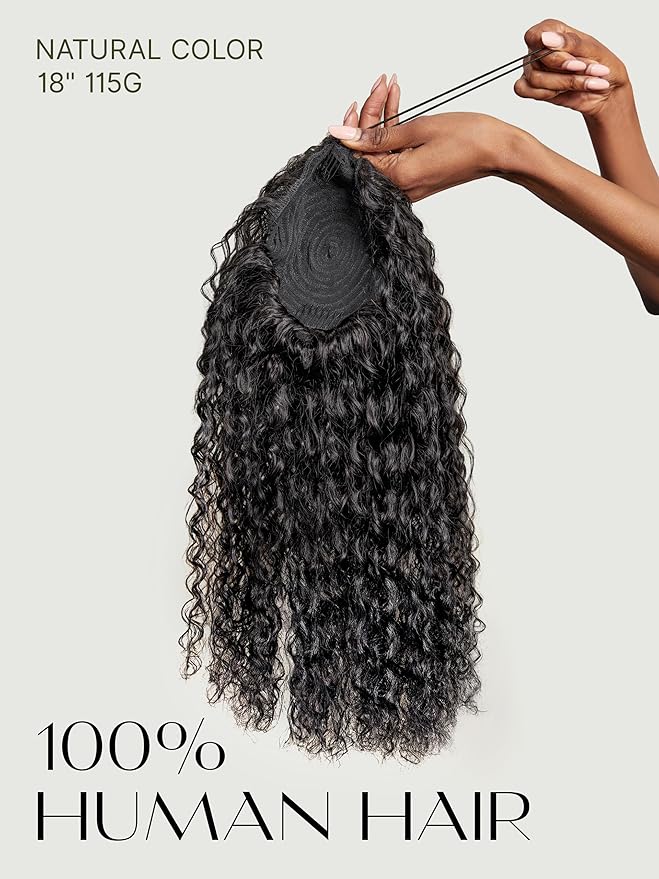 Frodio Clip in Ponytail Extension Human Hair for women 26 Inches Long Water Wave Curly Extension Ponytail Natural Color