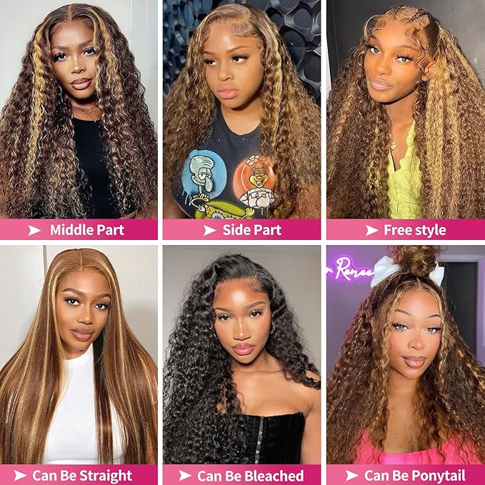 32 Inch Deep Wave Highlight Wig Human Hair 200% Density Honey Blonde 13x6 HD Transparent Lace Front Wigs Human Hair 4/27 Colored Ombre Curly Lace Frontal Wigs For Women