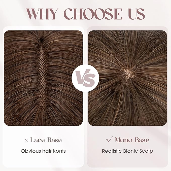 MY-LADY Human Hair Toppers for Women Real Human Hair with Bangs Thin 8.5 * 8.5CM Mono Base Clip in Remy Hairpieces Light Weight 14 Inch Medium Brown