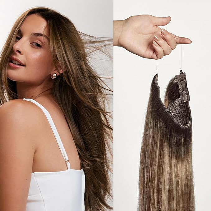 Luxy 100% Remy Human Hair – Halo Clip-In Hair Extensions –Natural Looking Volume & Length - One-Piece - Easy 5-Min Application 140 grams 16" Dimensional Rooted Sunkissed Brown