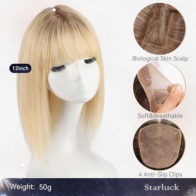 starluck Hair Toppers for Women with Bangs, 5"*5.5"Large Coverage Ombre Light Blonde 100% Real Human Hair Toppers for Women with ThinningHair,Cover Gray Roots