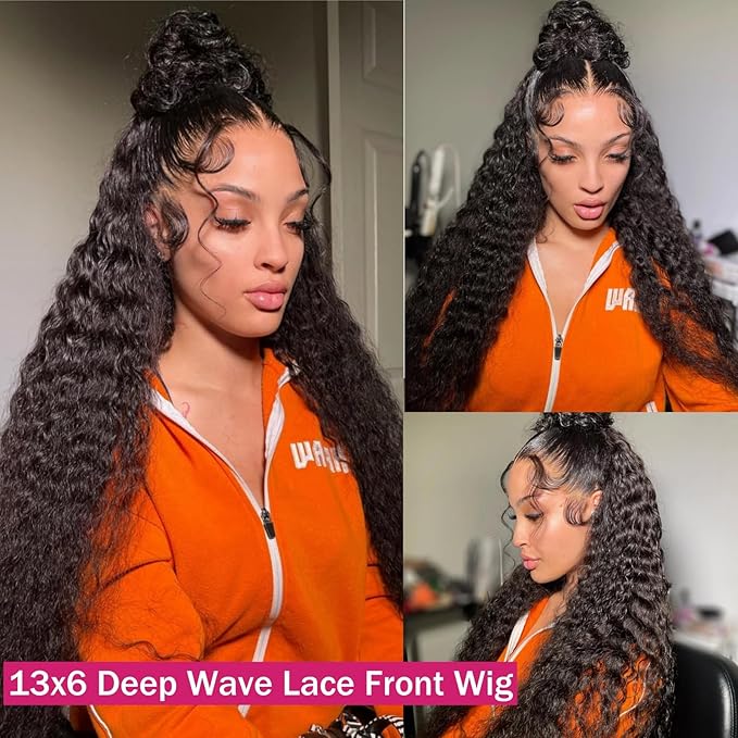 13x6 Lace Front Wigs Human Hair 200 Density Deep Wave HD Lace Front Wigs Human Hair Curly Glueless Wigs Human Hair Pre Plucked 13x6 HD Frontal Lace Front Wigs for Women (24 Inch)