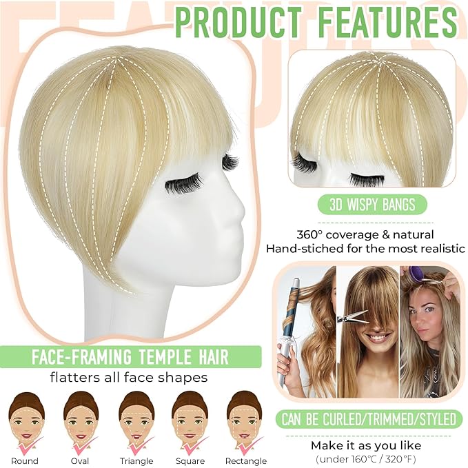 Bangs Hair Clip in Bangs 360°3D Cover Hair Topper Synthetic HairPieces for Women Ash blonde mix Bleach Blonde Wispy Fake Bangs Toppers for Daily Wear