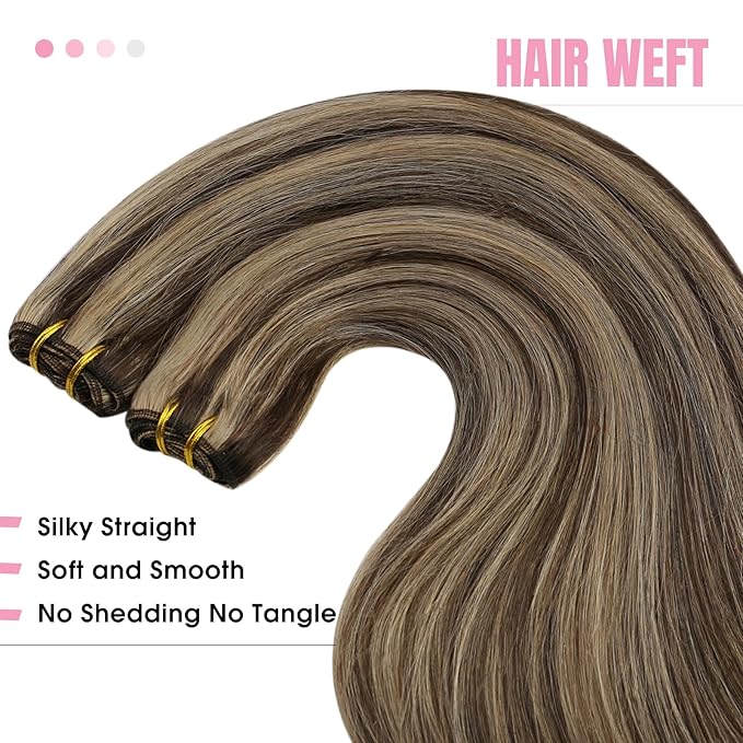 YoungSee Sew in Hair Extensions Real Human Hair Highlights Brown with Blonde Weft Extensions Long Straight Human Hair Sew in Extensions Dark Brown Mix Caramel Blonde 22Inch 100G