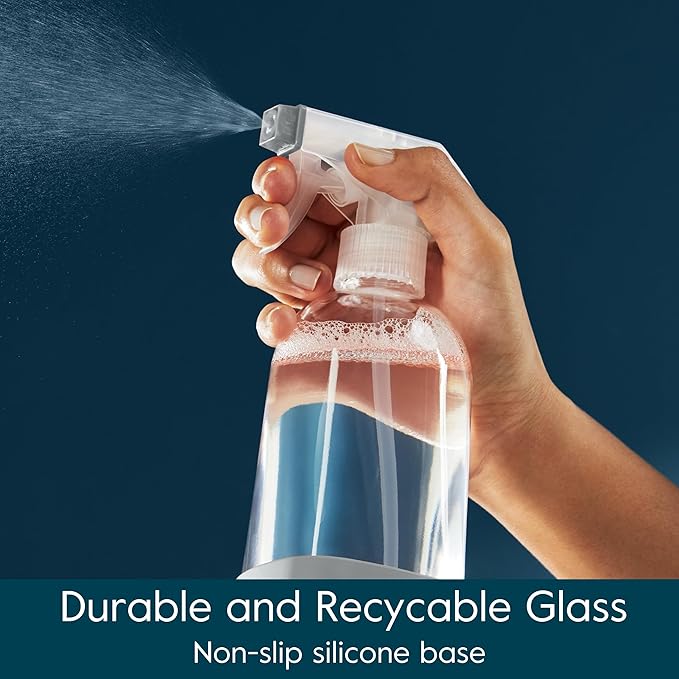 Grove Co. Glass Spray Bottles for Cleaning Solutions, 2-Pack Bundle, Unique Silicone Sleeve Slide & Snap Custom Label, Refillable Spray Bottle, Made from Recycled Glass, 2 x 16 oz