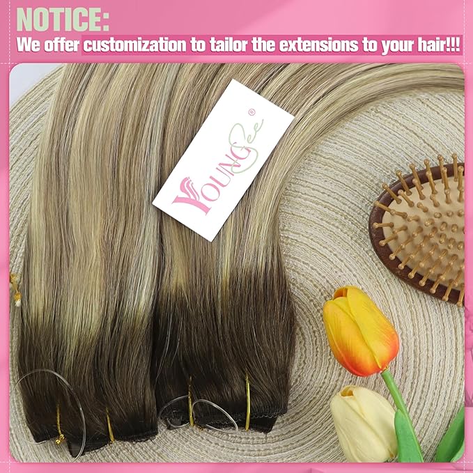 YoungSee Wire Hair Extensions Real Human Hair Brown Balayage Hair Extensions Invisible Wire Dark Roots to Light Brown with Blonde Reusable One Piece Hair Extension Easy to Wear 18Inch 80G