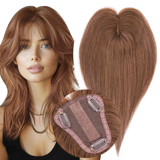 S-noilite Hair Toppers for Women Real Human Hair 3D 360° Cover Clip in 100% Real Human Hair Toppers 3″*4″ Clip in Silk Base 12 inch Light Brown