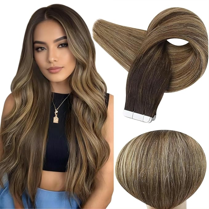Full Shine Brown Tape in Hair Extensions Human Hair 20Inch Tape in Extensions 2/3/27 Brown Roots Caramel Blonde Human Hair 50G 20Pcs Seamless Skin Weft Human Hair Extensions Double Sided Adhesive Tape