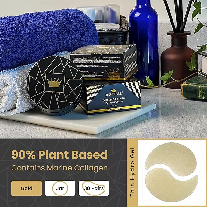 Gold under EYE Collagen Gel Mask, Nourishes, Firms & Hydrates, Puffy Eyes & Dark Circles, Hyaluronic Acid (30 Pairs - Jar)