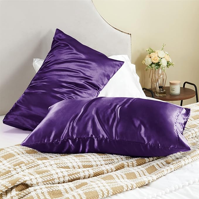 BEDELITE Satin Pillowcase for Hair and Skin, Super Soft and Cooling Similar to Silk Pillow Cases 2 Pack with Envelope Closure, Gift for Women Men(20"x30" Queen Size, Plum Purple)