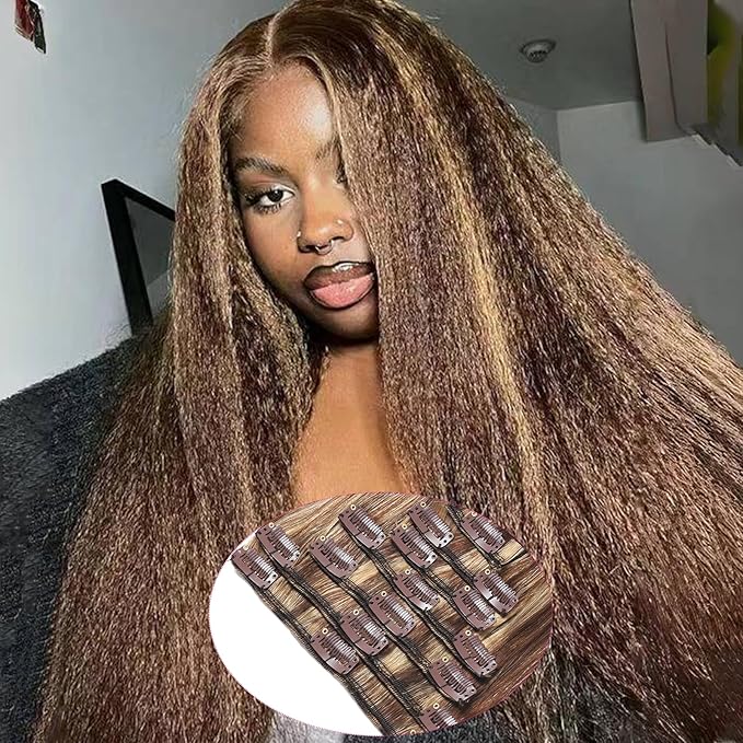 Hair Extensions Clip Ins Kinky Human Hair, 24inch 125g Straight Clip in Hair Extensions Real Human Hair Soft & Natural Handmade Human Hair Clip in Extensions Black Women #P427