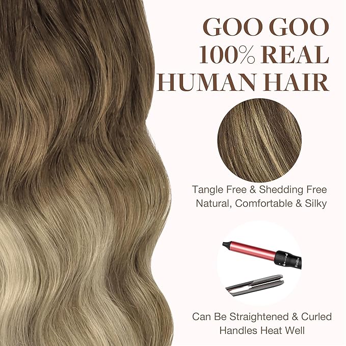 GOO GOO Tape in Hair Extensions Human Hair, 4D/14/5B Brunette Balayage, 16inch 50g 20pcs, Skin Weft Seamless Invisible, Silky Straight with Thick Ends, Remy Human Hair