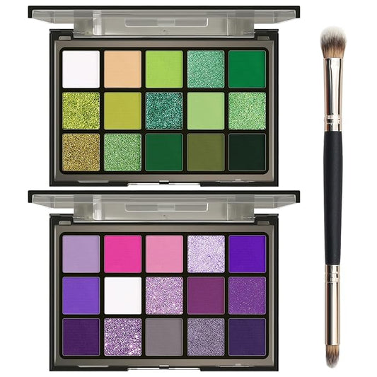 UCANBE 2pcs Eyeshadow Palette Makeup Set, Green Purple Color Shimmer Matte Metallic Eye Shadow Pallet with Soft Brush Eye Make Up Kit for Halloween Cosplay Costume Beetlejuice Medusa Poison Ivy Ursula